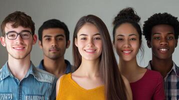 Diverse Group of Young Professionals Smiling Together in Casual Office Setting photo