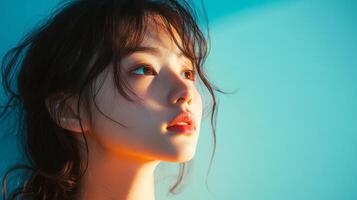 Captivating Headshot of Alluring Young Woman with Glowing Makeup and Intriguing Expression photo