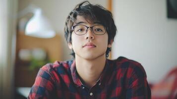 Cheerful Young Man in Glasses Relaxing in Cozy Home Environment photo