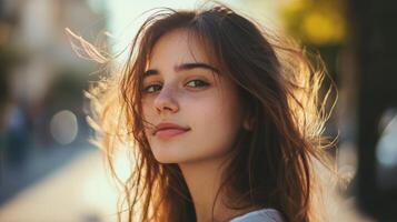 Attractive Young Woman with Flowing Hair Enjoying the Outdoor Nature in Sunlight photo