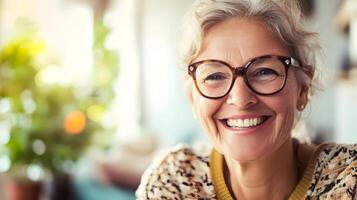 Portrait of a cheerful and self-assured senior woman with gray hair and glasses,expressing a warm and genuine smile that radiates positivity and vitality. photo