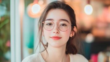 Stylish young woman with glasses and warm smile in casual indoor setting photo