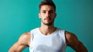 Handsome Young Caucasian Male Model with Beard Wearing White Casual Shirt Posing Confidently Against Teal Colored Studio Background with Serious Facial Expression photo
