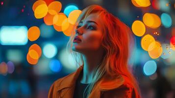 Captivating close-up portrait of a beautiful blonde woman with glowing skin and alluring gaze,framed by a vibrant neon-lit city atmosphere with a dreamlike,enchanting mood. photo