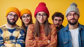 Smiling Group of Diverse Young Friends Wearing Casual Clothing and Accessories in a Colorful Studio Setting photo