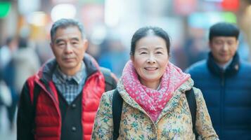 Cheerful Elderly Couple Strolling Through Vibrant Urban Crowd photo