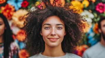 Radiant Curly-Haired Woman Smiling with Joyful Expression photo