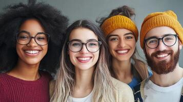 Diverse group of happy young students or friends smiling and spending time together in nature photo