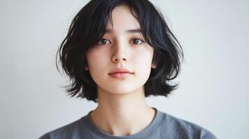 Serene and Contemplative Portrait of a Graceful Asian Woman in a Clean,Minimalist Setting photo