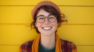 Cheerful Young Woman Wearing Glasses Smiling Confidently in Front of Yellow Wall photo