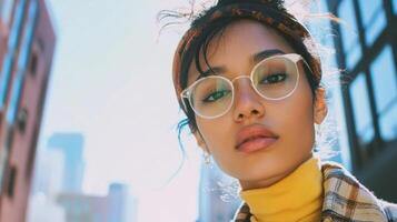 Confident young Asian woman in city street with glasses and smile photo