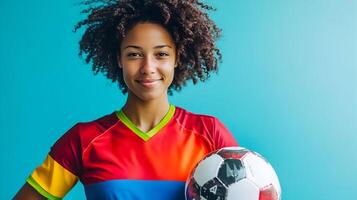 Energetic and Enthusiastic Young Sport Player in Red Uniform and Protective Gear Holding Soccer Ball,Ready for Game Action on the Field photo