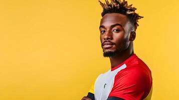 Confident and Determined African American Male Athlete Posing in Red Sportswear Against a Vibrant Yellow Background,Showcasing Strength,Fitness and Ambition photo