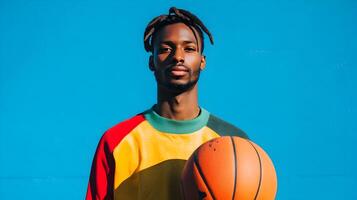 Dynamic and Energetic Young African Basketball Player in Jump Action Dribbling the Ball on the Basketball Court with Hoop and Equipment photo