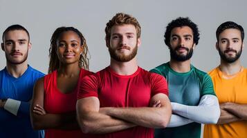 Portrait of a diverse group of athletic individuals standing together with confidence,unity,and a shared sense of purpose. The team represents the power of the of diversity in the world of sports. photo