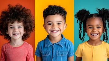 Diverse Group of Smiling Children with Bright Expressions Posing for Cheerful Portrait in Studio with Colorful Backdrop photo