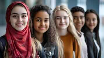 Diverse group of young female students standing together and smiling in a casual,friendly manner,representing the concept of education,community,and inclusion. photo