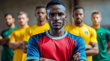 Diverse group of male sports players wearing colorful uniforms on a soccer field. They are standing together as a team,showcasing unity,sportsmanship,and determination in their sport. photo