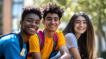 Cheerful and Diverse Group of High School or College Students Posing Happily Together Outdoors on Campus with Nature Backdrop photo