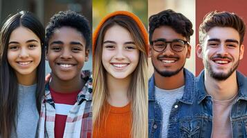 Diverse Group of Smiling Students on College Campus - Multiracial Millennial Friends Posing Together with Cheerful Expressions on University Grounds photo