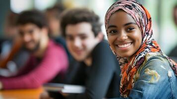 Diverse group of young adult students studying and learning together in a college or university classroom setting,with a positive and friendly atmosphere. photo