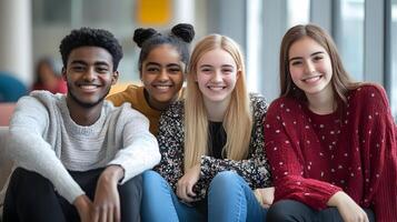 A diverse group of happy,smiling students from different ethnic backgrounds gathered together on a college campus,representing inclusion,community,and the power of education. photo
