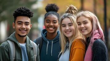 Diverse group of young students smiling and laughing together while spending time outdoors on a university or college campus. Concept of education,learning,friendship,and community. photo