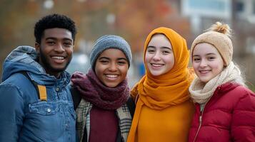 Diverse group of smiling young adult students from different ethnic and cultural backgrounds enjoying time together outdoors in a winter setting. They appear to be friends or classmates. photo