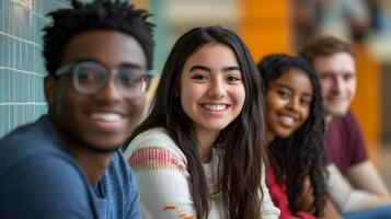 Diverse group of young adult students from different ethnic and cultural backgrounds smiling and studying together in a university or college campus setting. photo