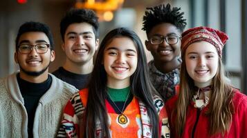 Diverse Group of Smiling Students Enjoying Time Together on Campus or in a Learning Environment photo