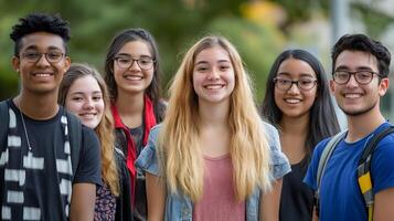 Portrait of a Diverse Group of Smiling Students Bonding Together on a University Campus,Representing the Inclusive and Collaborative Spirit of Higher Education. photo