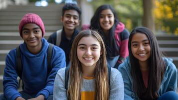 Group Portrait of Diverse and Friendly Teenage Students Posing Outdoors on a University Campus,Showing a Positive and Inclusive School Community photo