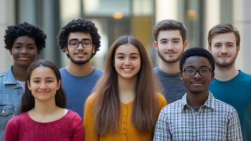 Group of Diverse Students Gathered Together in a Casual Classroom or University Setting,Demonstrating Teamwork,Education,and Inclusive Community photo