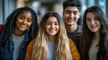 Diverse Group of Smiling Teenage Students on School Campus - Multiracial Friends Enjoying Time Together and Interacting at University or College photo