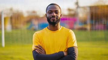 Confident male athlete in yellow sports jersey standing with arms crossed on grassy soccer field,portrait of professional football player ready for game or training session. photo