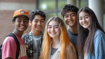 Portrait of a Diverse Group of Cheerful and Enthusiastic Students Bonding,Interacting,and Celebrating Friendship on a University or College Campus photo