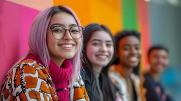 A group of diverse and happy students celebrating inclusive education and supportive community on a college or university campus. They are smiling,embracing each other. photo