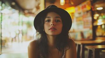 Captivating Young Woman in Casual Attire Gazing Thoughtfully in Urban Setting photo