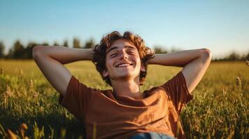 Young Man Relaxing in Peaceful Meadow with Joyful Expression photo
