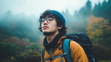 Young Adventurer Explores Misty Mountain Wilderness with Backpack photo