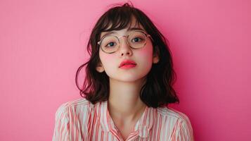 Confident and Captivating Young Asian Woman Posing in Pink Studio photo
