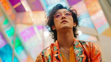 Stylish Young Man in Vibrant Colored Outfit Posing for Portrait photo