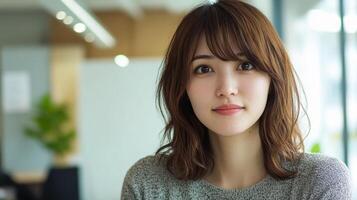 Confident Young Woman Smiling in Bright Workspace photo