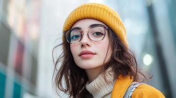 Stylish Young Woman in Casual Winter Outfit Standing on City Street photo