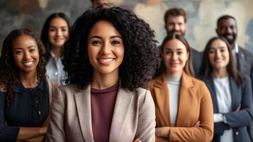 Portrait of a diverse group of young professional business people or corporate colleagues working together,smiling and collaborating in a modern office environment. photo