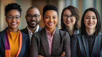 A group of diverse business professionals in an office environment,collaborating and communicating with each other,showcasing a successful,inclusive and equitable workplace culture. photo