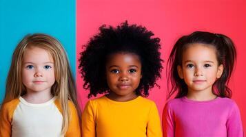 Colorful and Vibrant Portraits of Diverse Children in Studio Setting. Cheerful and Happy Multiracial Kids Smiling and Expressing Positive Emotions for Photography or Commercial Use. photo