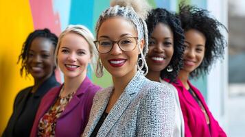 Portrait of a diverse group of smiling business professionals in a vibrant,colorful setting. The team represents a multicultural,inclusive community of leaders,entrepreneurs. photo