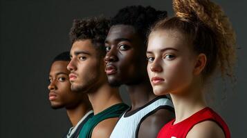 Diverse group of athletes and players in a dynamic sports team portrait,showcasing a spirit of empowerment in a competitive yet inclusive sports environment. photo