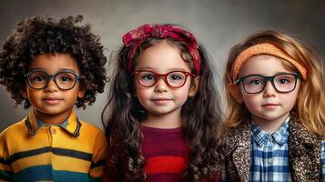 A group of three diverse,smiling children wearing colorful outfits and eyeglasses,posing together in a studio setting. The image showcases the diversity,inclusion. photo